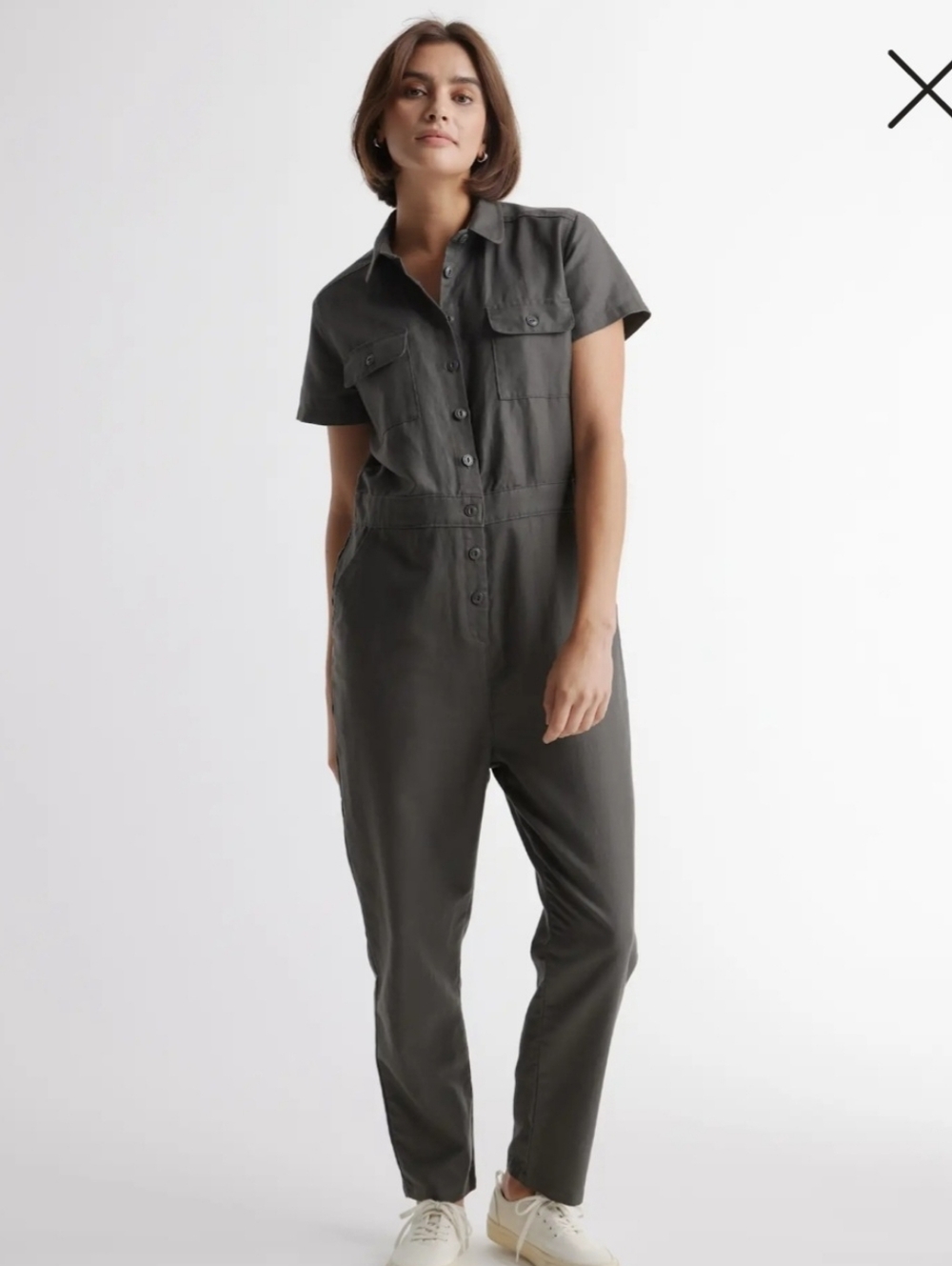 Quince Cotton Linen Twill Short Sleeve Coverall Jumpsuit sz M Women's Charcoal